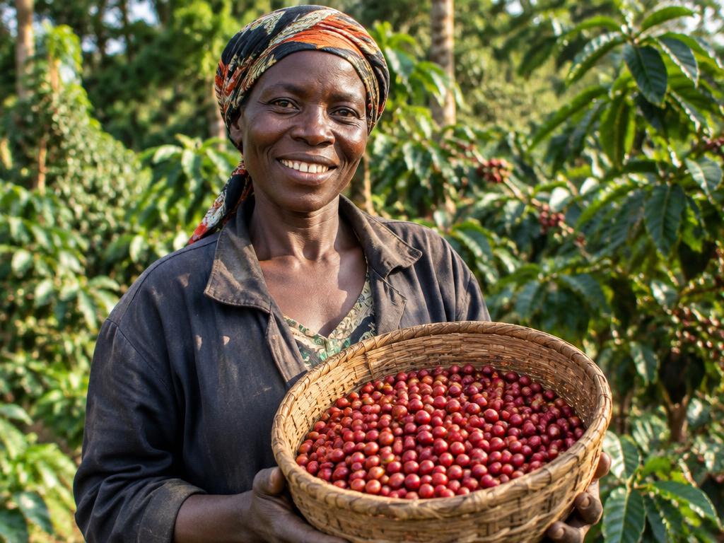 A smiling woman holding a woven basket filled to the brim with ripe red coffee cherries