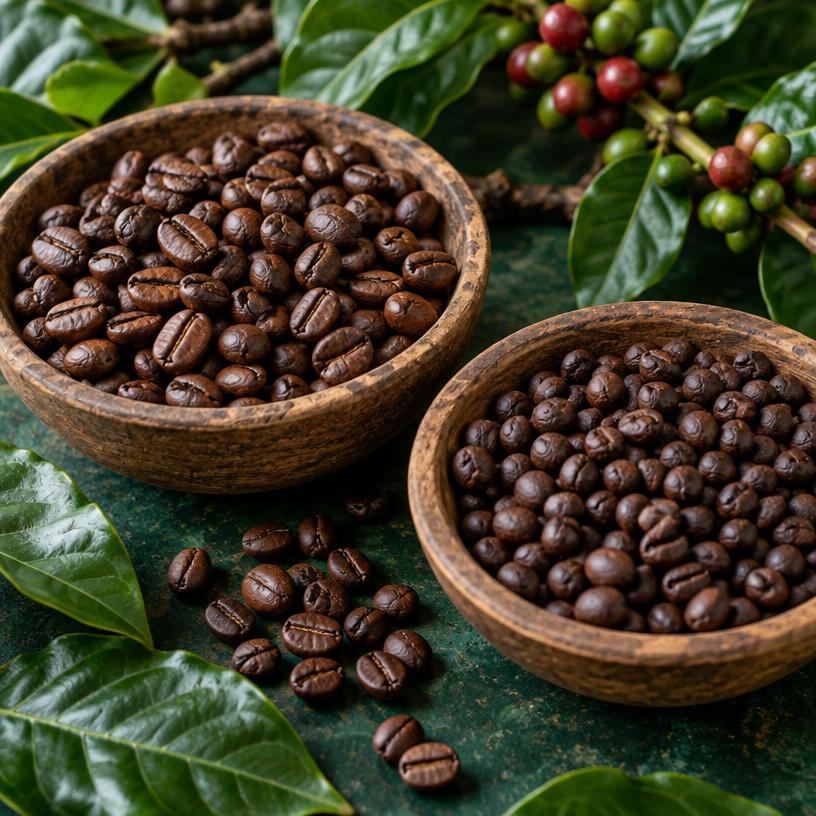 Roasted Arabica beans in two wooden bowls with coffee cherries and leaves