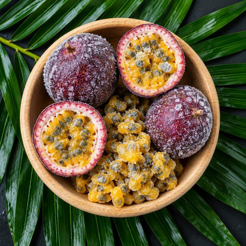 Frozen passion fruit halves with frost in a wooden bowl