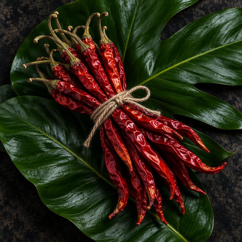 A bunch of dried red chilies tied with string on tropical leaves