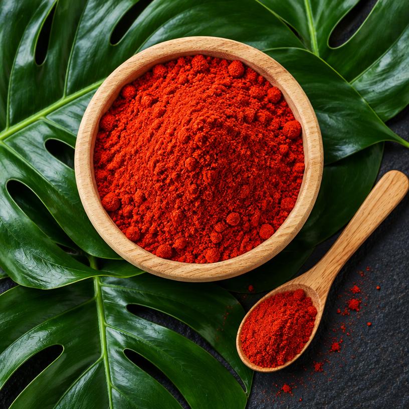 Ground red paprika in a wooden bowl with a wooden spoon on tropical leaves