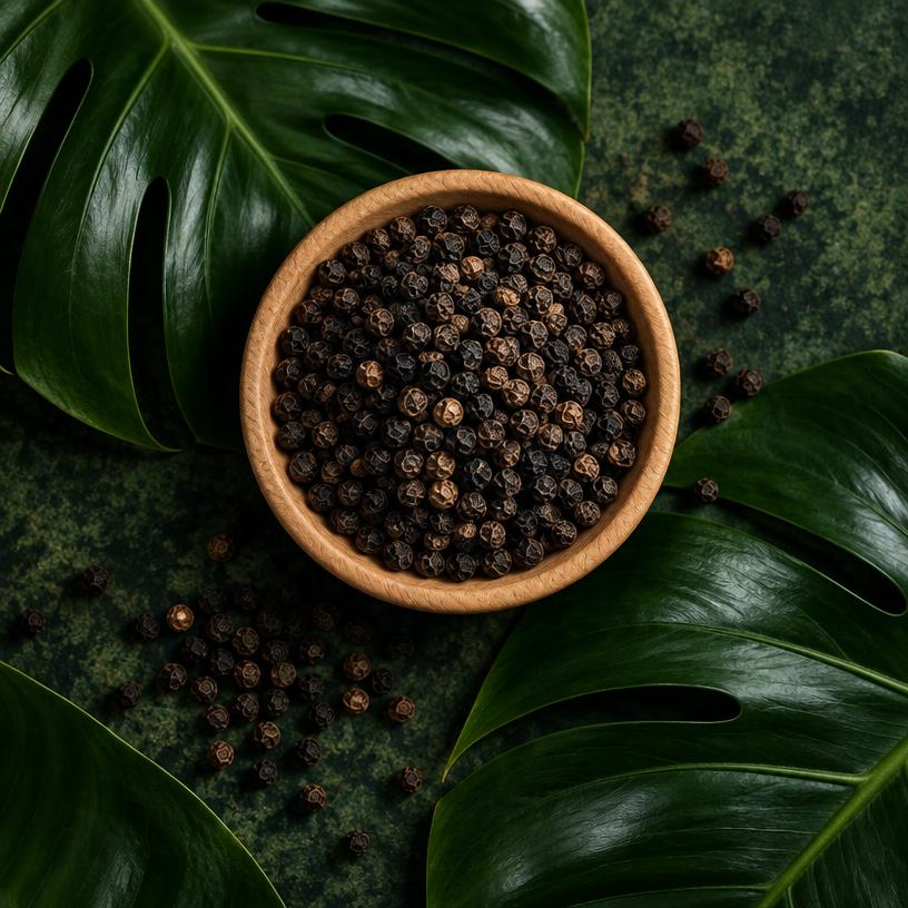 Black peppercorns in a wooden bowl on dark tropical leaves