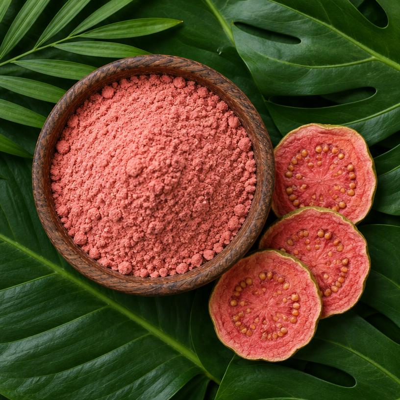Soft pink guava powder in a wooden bowl with dried pink guava slices on dark tropical leaves