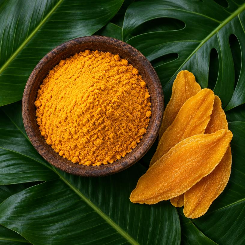 Bright orange mango powder in a wooden bowl with dried mango slices on dark tropical leaves