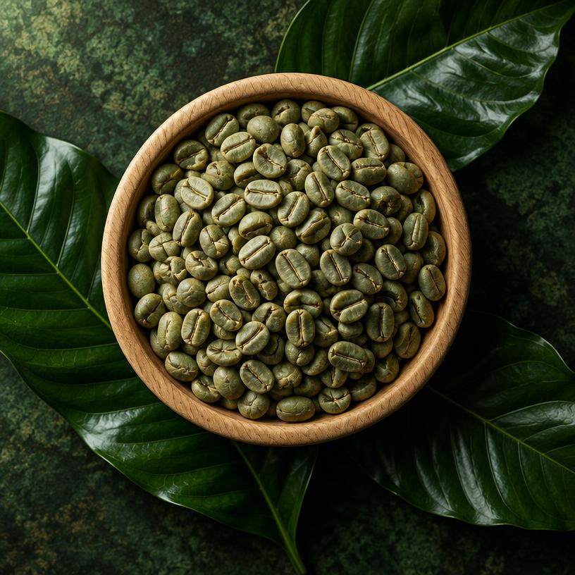 Green Robusta beans in a wooden bowl on dark tropical leaves