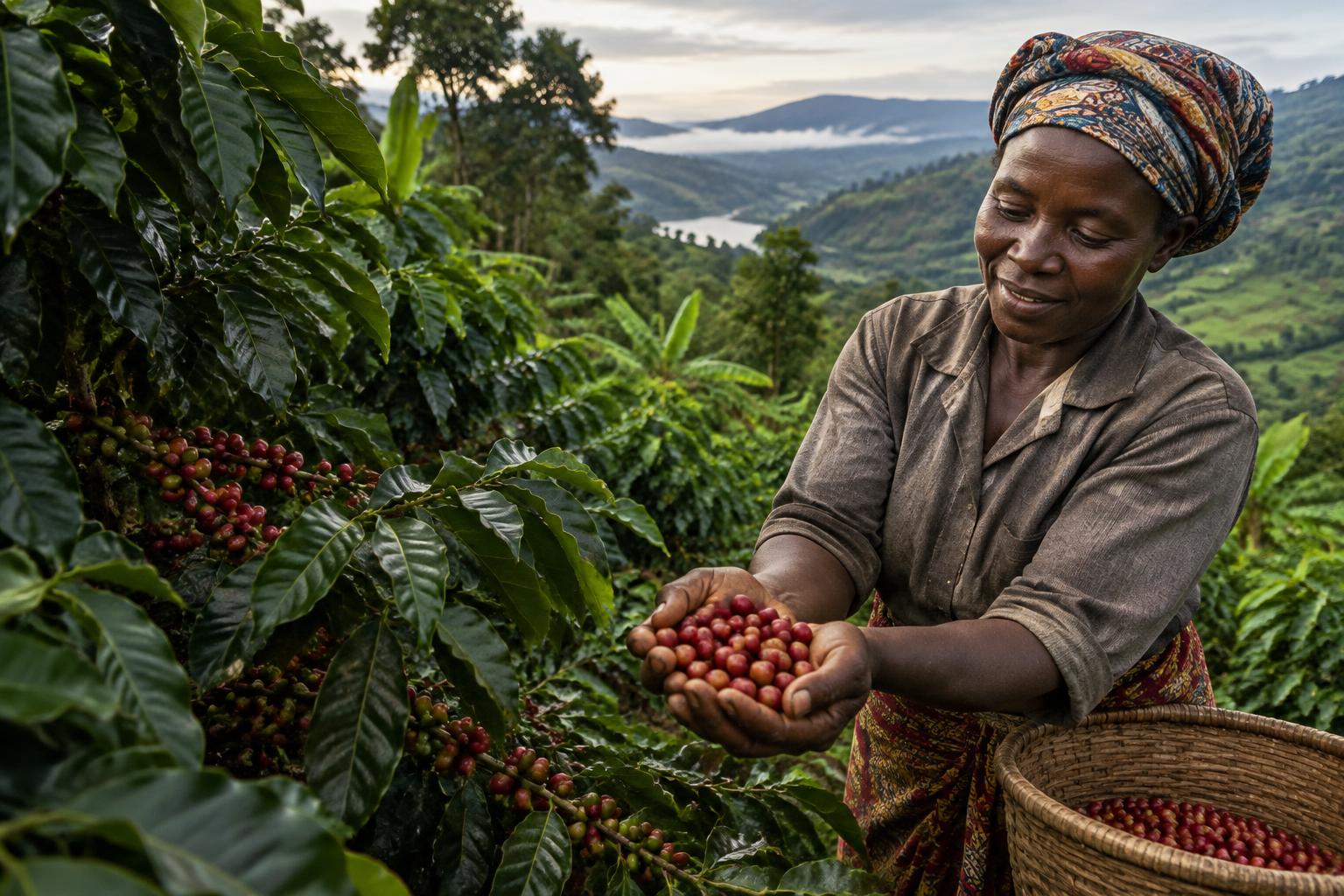 A farmer picking coffee cherries on a hillside farm in Uganda